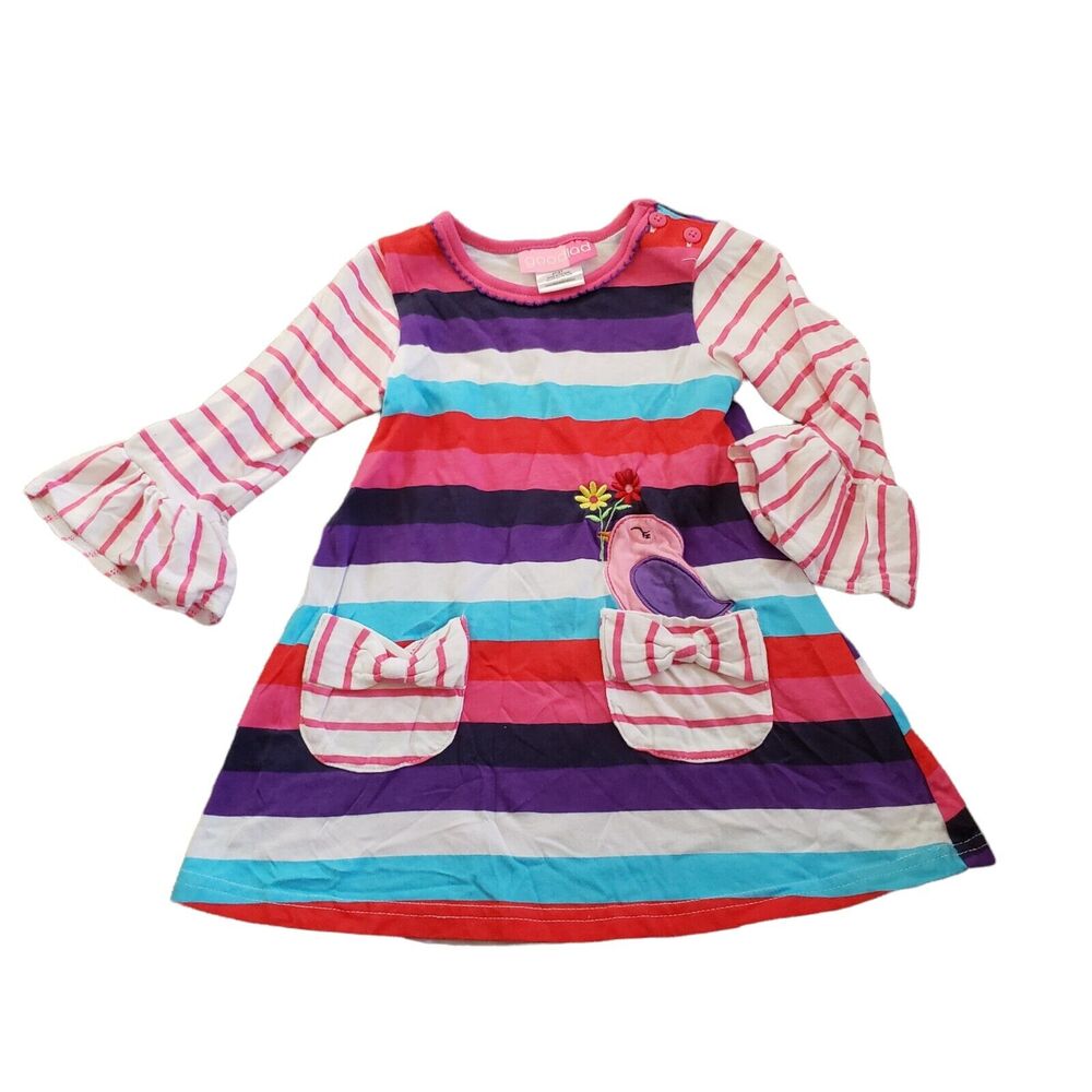 Goodlad Toddler Girls Dress Size 2T Stripes Pockets Bird Flowers 100% Cotton